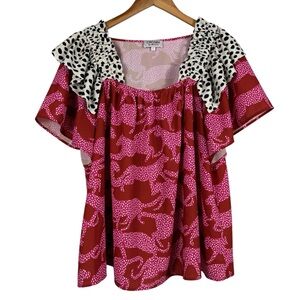 Crosby Mollie Burch Cheetah Leopard Jaguar Pink Animal Print Short Sleeve Top L